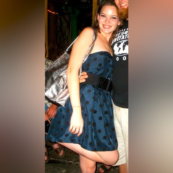 Blue polka dot dress, black felt-ish polka dots - Picture 1 of 7